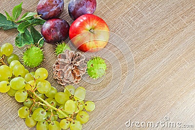 Autumn fruits, cone, chestnuts, apple, plum and grapes on wood b Stock Photo