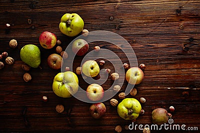 Autumn fruits on wooden table Stock Photo