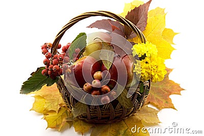 Autumn fruits with yellow leaves in a basket Stock Photo