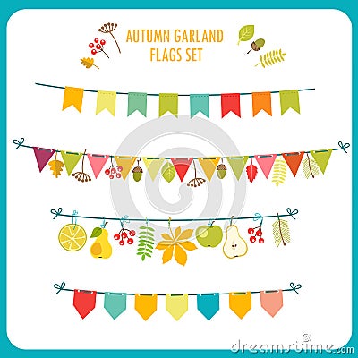 Autumn Garland And Flags Set. Festive Clip Art. Vector Illustration