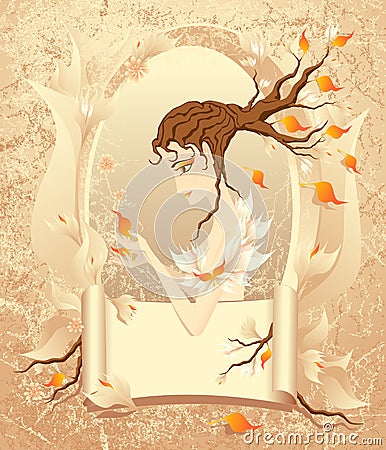 Autumn girl with a scroll on grunge background Vector Illustration