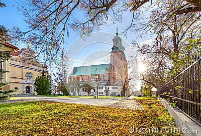 Autumn in Gniezno, Poland. View of Cathedral Basilica Stock Photo