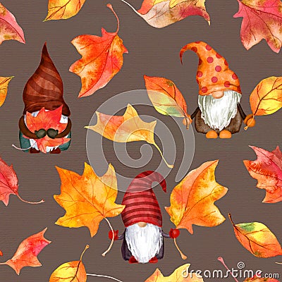 Autumn gnome family with leaves. Repeated seasonal pattern of scandinavian dwarf. Watercolor on dark background Stock Photo