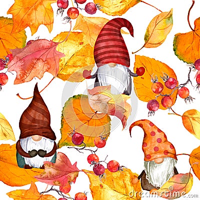 Autumn gnomes with leaves, red berries. Seamless autumn pattern with scandinavian dwarfs. Watercolor repeating Stock Photo