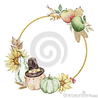 Autumn golden geometric frame of watercolor fruits and pumpkins Vector Illustration