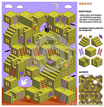 Autumn or Halloween 3d maze game with stairs and ladders Vector Illustration