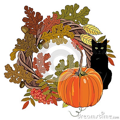 Autumn Halloween design. Autumn wreath of leaves and branches of oak and rowan, rowan berries, pumpkin and black cat Vector Illustration