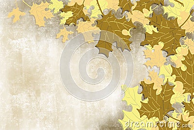 Autumn Brown gold and yellow fall leaf right artistic layered dimensional design on left side of grunge background Stock Photo