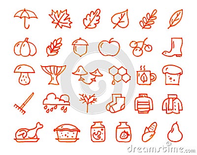 Autumn 30 hand drawn icons drawn with a felt-tip pen Vector Illustration