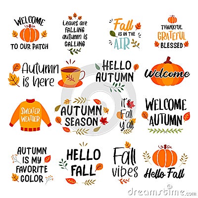 Autumn hand drawn lettering set. Autumn phrases with slogan stickers bundle design Vector Illustration