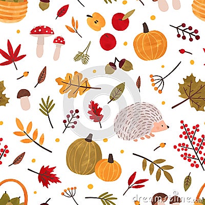 Autumn hand drawn vector seamless pattern. Fall season items background. Forest dried leaves, pumpkins, berries Vector Illustration