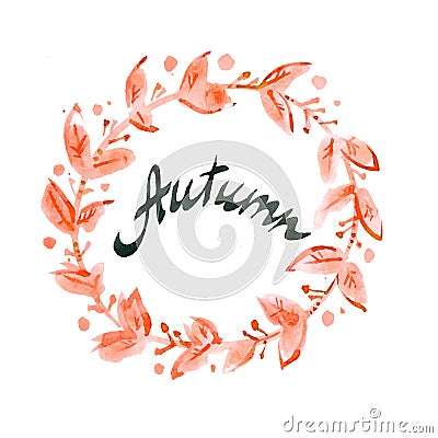 Autumn. Handwritten ink calligraphy. Hand lettering with watercolor background. Stock Photo