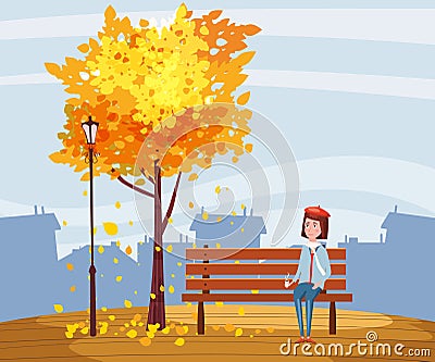 Autumn, happy girl sitting on a bench with a cup of coffee, under a tree with falling leaves in a park, city, urban Vector Illustration