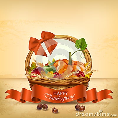 Autumn Happy Thanksgiving basket. Vector Vector Illustration