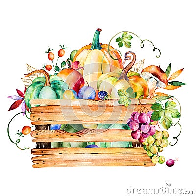 Autumn harvest basket with fall leaves,branches,berry Stock Photo