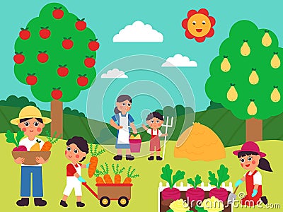 Autumn harvest characters. Fall season garden, farmer with baby harvesting. Agriculture family on vegetable farm, cute Vector Illustration