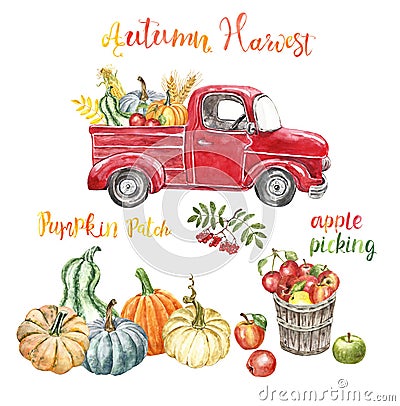 Autumn harvest farm illustration. Red retro pick up track, pumpkins, apples, corn, isolated. Fall season background Cartoon Illustration