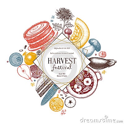 Autumn harvest festival flyer template. Vintage menu design with hand drawn food, drinks, fruits, vegetables, flowers. Vector Illustration