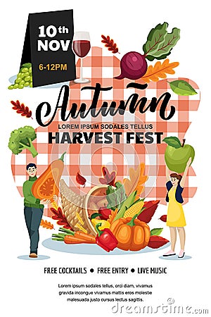 Autumn harvest festival poster, banner design layout. Fall fair or city picnic concept. Vector flat cartoon illustration Vector Illustration