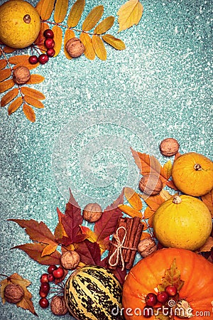 Autumn harvest pumpkin Thanksgiving frame on a Blue background Stock Photo