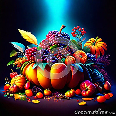 Autumn harvest - pumpkins, berries and autumn leaves on dark background AI Generated Stock Photo