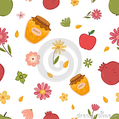 Autumn harvest seamless pattern. Honey, apple and pomegranate. Delicious fresh food. Rosh hashanah, Jewish New Year Vector Illustration