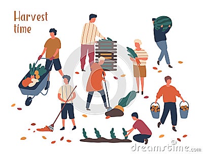 Autumn harvest time flat vector illustrations set. Farmers working in field, gathering crop. Fruits and vegetables fall Vector Illustration