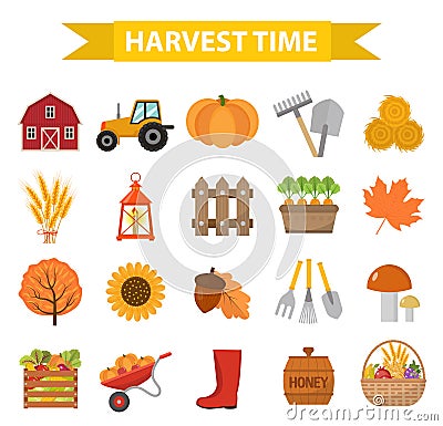 Autumn harvest time icons set flat cartoon style. Vector Illustration