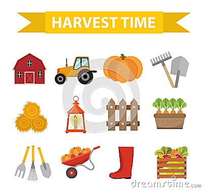 Autumn harvest time icons set flat cartoon style. Harvesting collection of elements design. Farm, thanksgiving day Vector Illustration