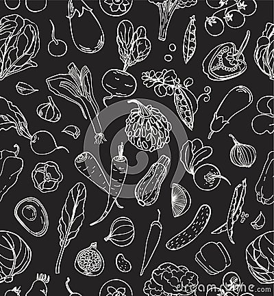 Autumn harvest vegetables seamless pattern. Linear white on black background. Pumpkin, leaf, tomato, beetroot, eggplant, carrot, Vector Illustration