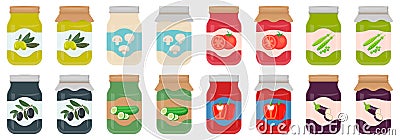 Autumn harvesting and canning set. Jars with pickled and canned vegetables. Vector illustration Vector Illustration