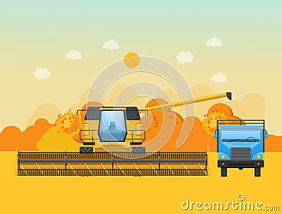 Autumn harvesting in the field. Agricultural machinery, machines for harvesting. Vector Illustration