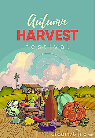 Autumn harvesting. Vector illustration of group of many fruit and vegetable Vector Illustration