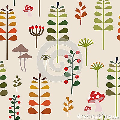 Autumn Herbalism Seamless Pattern, Fall Forest Floor Background Repeat Pattern for textile design, fabric print, fashion or backgr Vector Illustration