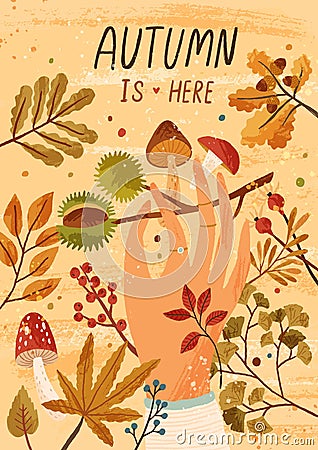 Autumn is here flat greeting card vector template. Fall season postcard, poster layout. Mushrooms picking hobby, active Vector Illustration