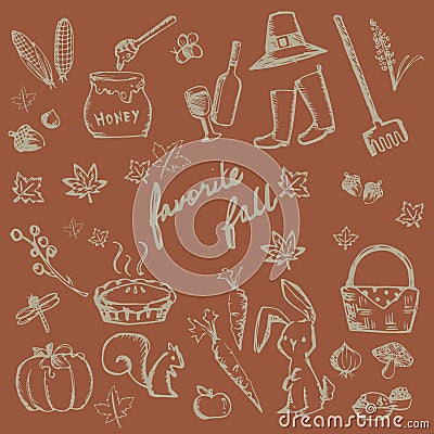 Autumn holiday doodle forest food ingredient, animal, gardening Vector Illustration