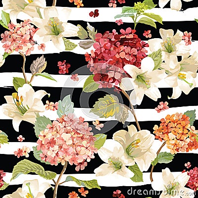 Autumn Hortensia and Lily Flowers Backgrounds. Seamless Floral Shabby Chic Pattern Vector Illustration