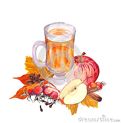 Autumn hot drink in glass with berries, apples and spices in autumn leaves. Watercolor for teatime Stock Photo