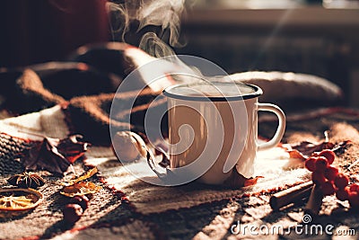 Autumn hot steaming cup of coffee or tea Stock Photo