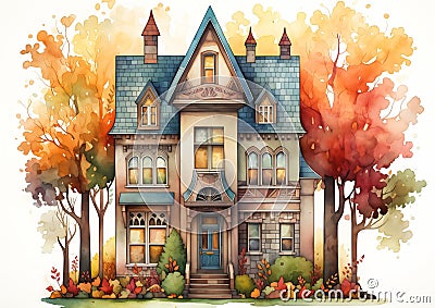 Autumn Hues: A Vibrant Vignette of Architectural Design and Crea Cartoon Illustration