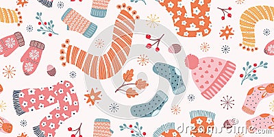 Autumn Hygge border pattern design . Vector winter and Fall seamless repeat background. Vector Illustration