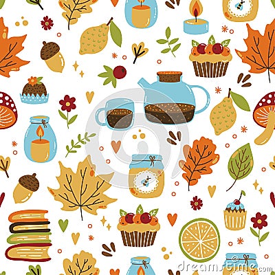 Autumn hygge cozy tea time seamless vector pattern Vector Illustration