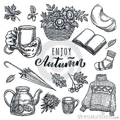 Autumn hygge design elements collection. Vector sketch illustration and hand drawn calligraphy lettering Vector Illustration