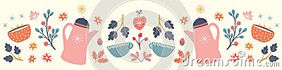 Autumn Hygge pattern design banner. Cute symmetrical vector winter and Fall seamless repeat border. Vector Illustration