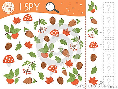 Autumn I spy game for kids. Searching and counting activity for preschool children with cute fall season plants. Funny printable Vector Illustration