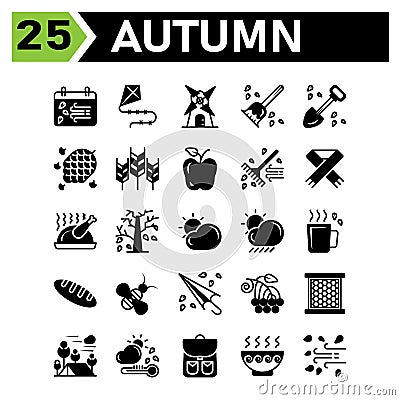 Autumn icon set include calendar autumn fall event date windmill building housekeeping broom shovel spade pine nature cone grain Vector Illustration