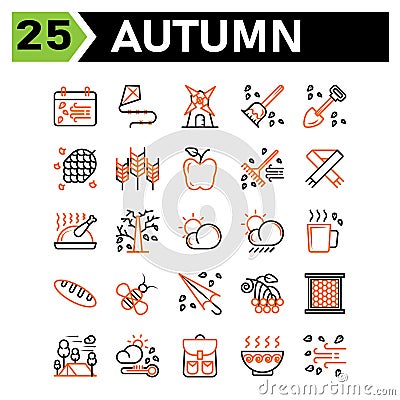 Autumn icon set include calendar autumn fall event date windmill building housekeeping broom shovel spade pine nature cone grain Vector Illustration