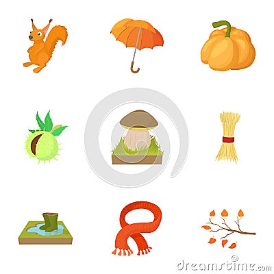 Autumn icons set, cartoon style Vector Illustration