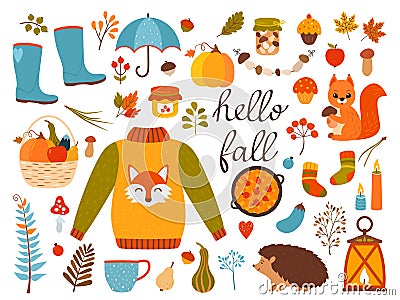 Autumn icons set - maple leaves, mushrooms, coffee cup, pumpkin pie, candles, hedgehog, squirrel, pumpkin, fruit basket, rubber Vector Illustration