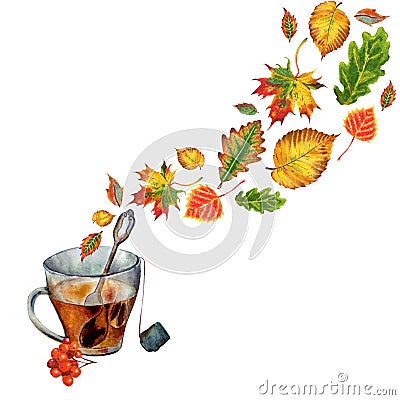 Autumn illustration with a cup of hot tea and leaves in the form of steam. Vector Illustration